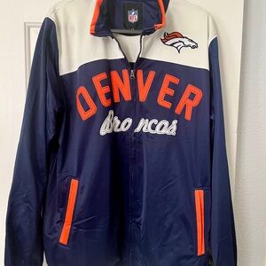 NFL Denver Broncos Navy and Orange Varsity Jacket (small staining)